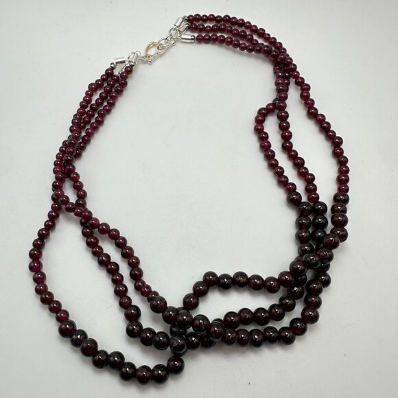 Sterling Silver 925 Genuine Garnet Beads Beaded Three Strand  16” Three strands GARNET graduated beaded necklace w/ silver tone clasp!